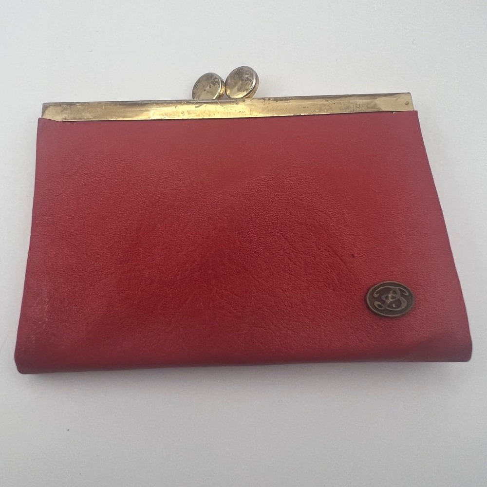 Vintage Buxton‎ Red Leather Kiss Lock Coin Purse Brass Frame Mid-Century